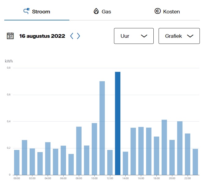 Staafdiagram uit Mijn Vattenfall met verbruik per uur en uitschieter om 13 uur