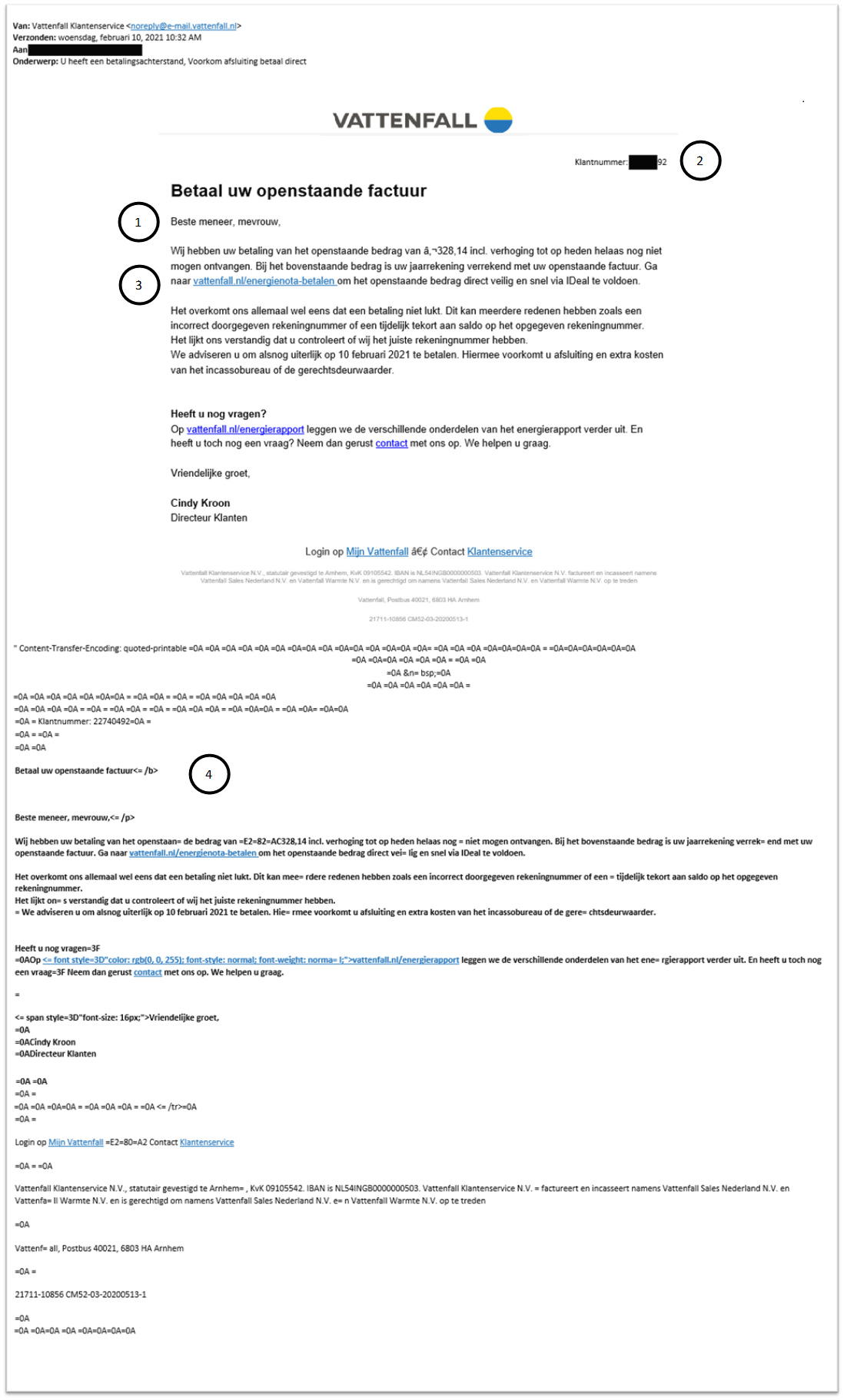 Voorbeeld van een phishing mail dat zeker geen Vattenfall mail is
