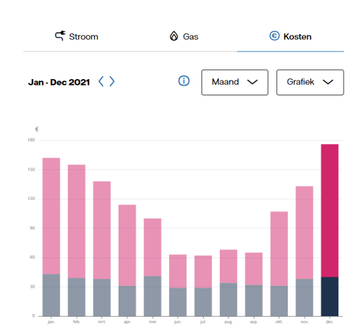 Voorbeeldoverzicht in Mijn Vattenfall: een staafdiagram met verbruik door de tijd heen
