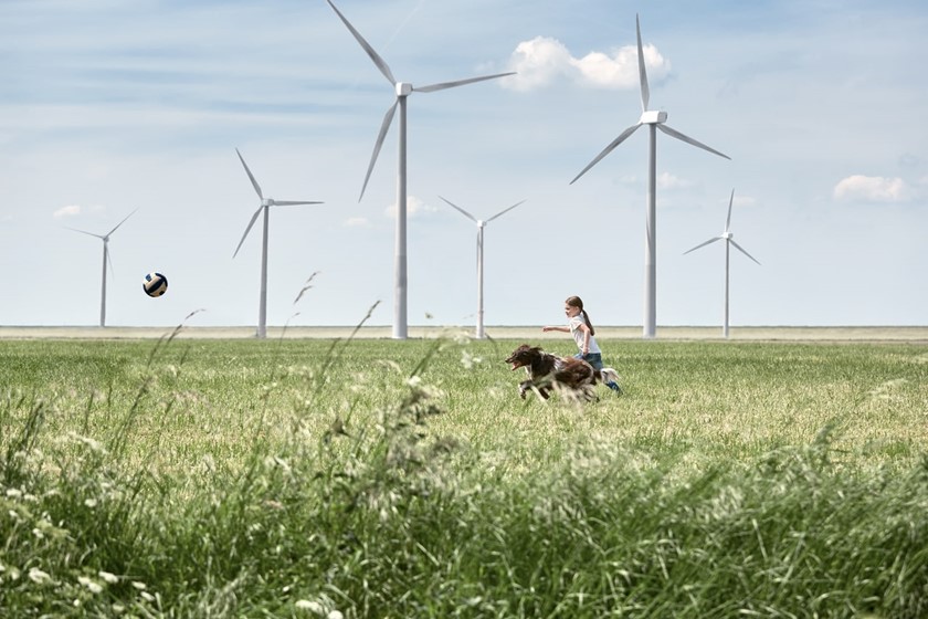 Meisje met hond en windmolen