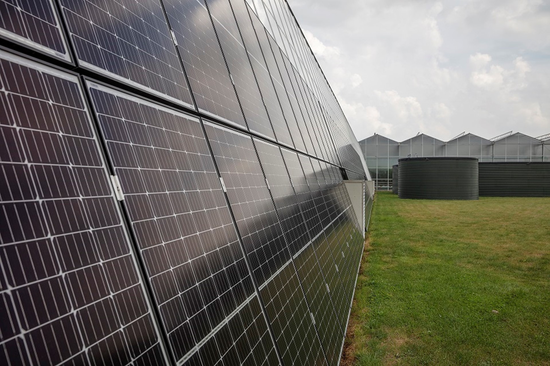 Een wand van zonnepanelen bij een glastuinder
