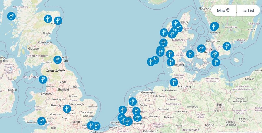Kaart van Europa met daarop aangegeven de windparken van Vattenfall