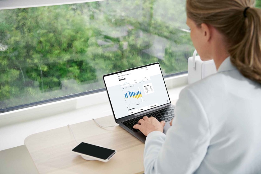 Vrouw bekijkt Mijn Verbruik op laptop